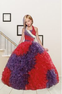 Ball Gowns Pageant Gowns For Girls Red and Purple Halter Top Fabric With Rolling Flowers Sleeveless Floor Length Lace Up