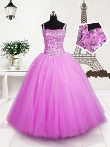 Elegant Rose Pink Tulle Lace Up Straps Sleeveless Floor Length Little Girl Pageant Dress Beading and Sequins