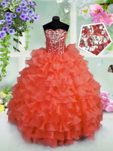 Amazing Sweetheart Sleeveless Child Pageant Dress Floor Length Ruffled Layers and Sequins Coral Red Organza
