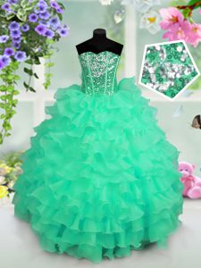Elegant Organza Sweetheart Sleeveless Lace Up Ruffled Layers and Sequins Little Girls Pageant Dress in Turquoise