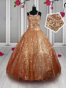 Sequins Ball Gowns Pageant Dress for Teens Rust Red Straps Sequined Sleeveless Floor Length Lace Up