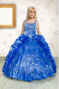 Discount Pick Ups Floor Length Blue Little Girl Pageant Gowns Spaghetti Straps Sleeveless Lace Up