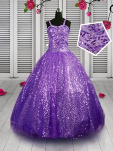 Enchanting Lavender Straps Neckline Sequins Little Girls Pageant Gowns Sleeveless Lace Up