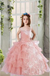 Baby Pink Sleeveless Floor Length Lace and Ruffled Layers Lace Up Pageant Dress for Womens