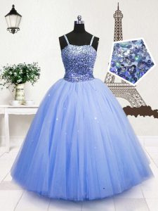High End Tulle Spaghetti Straps Sleeveless Zipper Beading and Sequins Child Pageant Dress in Light Blue