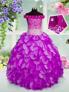 High Quality Off The Shoulder Sleeveless Organza Pageant Dress for Girls Beading and Hand Made Flower Lace Up