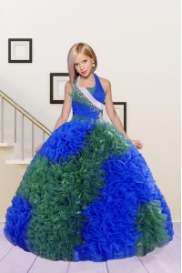 Blue and Dark Green Little Girls Pageant Dress Party and Wedding Party and For with Beading and Ruffles Halter Top Sleev