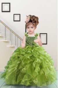 Cute Sleeveless Organza Floor Length Lace Up High School Pageant Dress in Olive Green with Beading and Ruffles