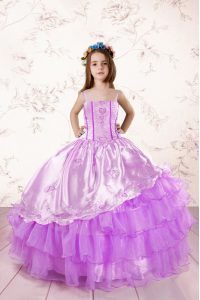 Trendy Fuchsia Spaghetti Straps Neckline Embroidery and Ruffled Layers Child Pageant Dress Sleeveless Lace Up