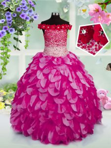 Trendy Off the Shoulder Fuchsia Sleeveless Organza Lace Up Child Pageant Dress for Party and Wedding Party