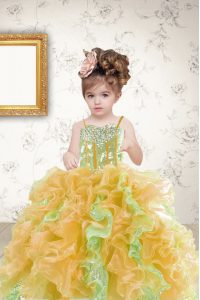 Perfect Multi-color Sleeveless Floor Length Beading and Ruffles and Sequins Lace Up Kids Formal Wear