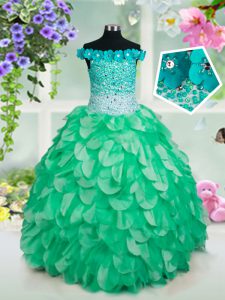 Ball Gowns Child Pageant Dress Green Off The Shoulder Organza Sleeveless Floor Length Lace Up