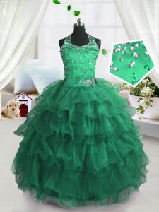 Exquisite Peacock Green Organza Lace Up Scoop Sleeveless Floor Length Little Girl Pageant Gowns Beading and Ruffled Laye