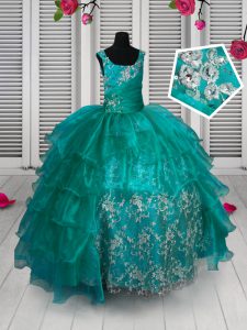 Turquoise Organza Lace Up Pageant Dress for Womens Sleeveless Floor Length Appliques and Ruffled Layers