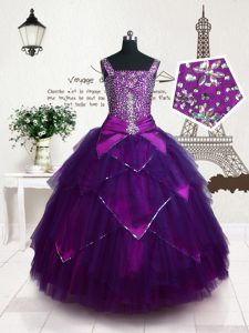 Custom Design Sleeveless Floor Length Belt Lace Up High School Pageant Dress with Purple