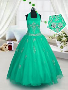 Eye-catching Halter Top Green Tulle Lace Up Kids Pageant Dress Sleeveless Floor Length Appliques