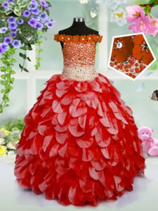 Off The Shoulder Sleeveless Lace Up Kids Formal Wear Red Organza