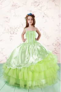Admirable Floor Length Lace Up Little Girls Pageant Gowns Yellow Green for Party and Wedding Party with Embroidery and R