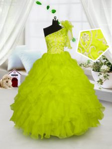 Floor Length Yellow Green Little Girl Pageant Gowns One Shoulder Sleeveless Lace Up
