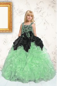 Pick Ups Floor Length Apple Green Little Girls Pageant Dress Straps Sleeveless Lace Up