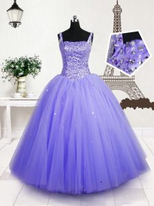 Straps Sleeveless Little Girls Pageant Gowns Floor Length Beading and Sequins Lavender Tulle