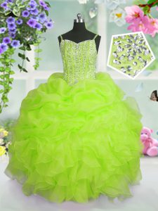 Spaghetti Straps Sleeveless Winning Pageant Gowns Floor Length Beading and Ruffles and Pick Ups Yellow Green Organza