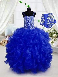 Royal Blue Lace Up Spaghetti Straps Beading and Ruffles Little Girl Pageant Gowns Organza Sleeveless