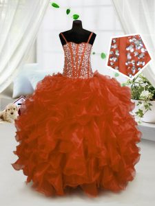 Ball Gowns High School Pageant Dress Rust Red Spaghetti Straps Organza Sleeveless Floor Length Lace Up