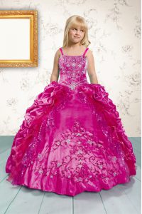 Hot Pink Lace Up Girls Pageant Dresses Beading and Appliques and Pick Ups Sleeveless Floor Length