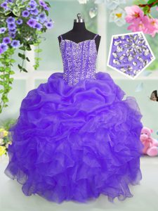 Pretty Lavender Lace Up Little Girls Pageant Dress Wholesale Beading and Ruffles and Pick Ups Sleeveless Floor Length