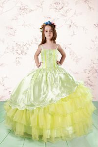 Discount Light Yellow Ball Gowns Organza Spaghetti Straps Sleeveless Lace and Ruffled Layers Floor Length Lace Up High S