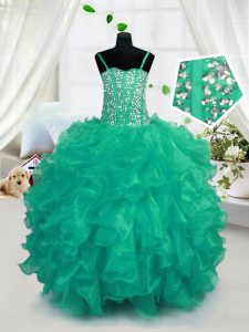 Turquoise Spaghetti Straps Lace Up Beading and Ruffles Little Girls Pageant Dress Wholesale Sleeveless