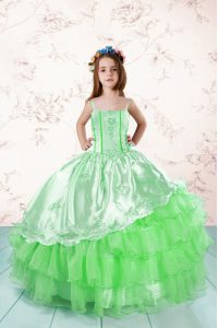 Sleeveless Floor Length Embroidery and Ruffled Layers Lace Up Child Pageant Dress with