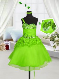 Lace Up One Shoulder Beading and Hand Made Flower Flower Girl Dress Organza Sleeveless