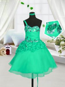 One Shoulder Organza Sleeveless Knee Length Flower Girl Dresses and Beading and Hand Made Flower