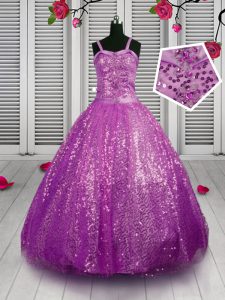 Beauteous Sequins Ball Gowns Kids Formal Wear Purple Straps Sequined Sleeveless Floor Length Lace Up