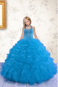 Latest Mermaid Halter Top Sleeveless Floor Length Beading and Ruffles Lace Up Pageant Gowns For Girls with Aqua Blue