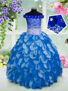 New Arrival Off the Shoulder Short Sleeves Organza Floor Length Lace Up Little Girls Pageant Gowns in Blue with Beading 