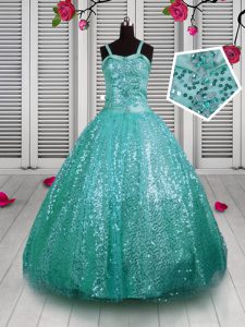 Superior Turquoise Ball Gowns Straps Sleeveless Sequined Floor Length Lace Up Beading and Sequins Pageant Dress for Girl