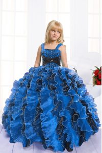 Super Floor Length Royal Blue Pageant Dresses Organza Sleeveless Beading and Ruffles