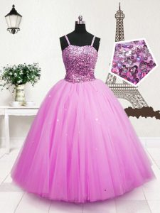 Floor Length Zipper Little Girls Pageant Gowns Hot Pink for Party and Wedding Party with Beading and Sequins