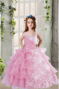 Organza Square Sleeveless Lace Up Lace and Ruffled Layers Little Girl Pageant Dress in Lilac