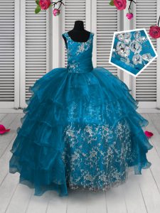 Sleeveless Organza Floor Length Lace Up Kids Pageant Dress in Aqua Blue with Appliques and Ruffled Layers