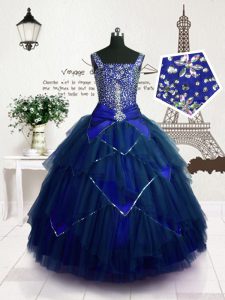 Royal Blue Straps Neckline Beading and Belt Girls Pageant Dresses Sleeveless Lace Up