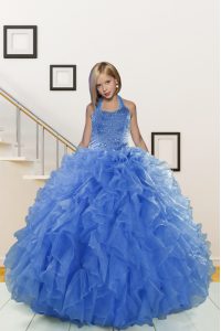 Halter Top Sleeveless Organza Floor Length Lace Up Little Girls Pageant Gowns in Blue with Beading and Ruffles