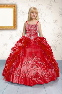 High Quality Red Ball Gowns Satin Spaghetti Straps Sleeveless Beading and Appliques and Pick Ups Floor Length Lace Up Pa