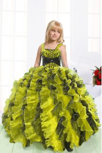 Cute Light Yellow Pageant Gowns For Girls Party and Wedding Party and For with Beading and Ruffles Straps Sleeveless Lac