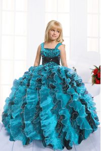Turquoise Sleeveless Organza Lace Up High School Pageant Dress for Party and Wedding Party