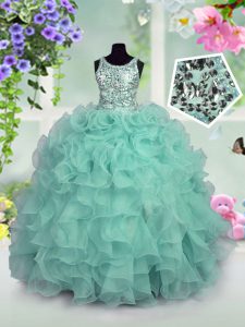 Modern Scoop Floor Length Turquoise Little Girls Pageant Gowns Organza Sleeveless Ruffles and Sequins