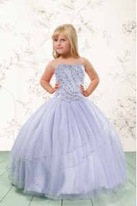 Grey Ball Gowns Strapless Sleeveless Tulle Floor Length Lace Up Beading Little Girls Pageant Dress
